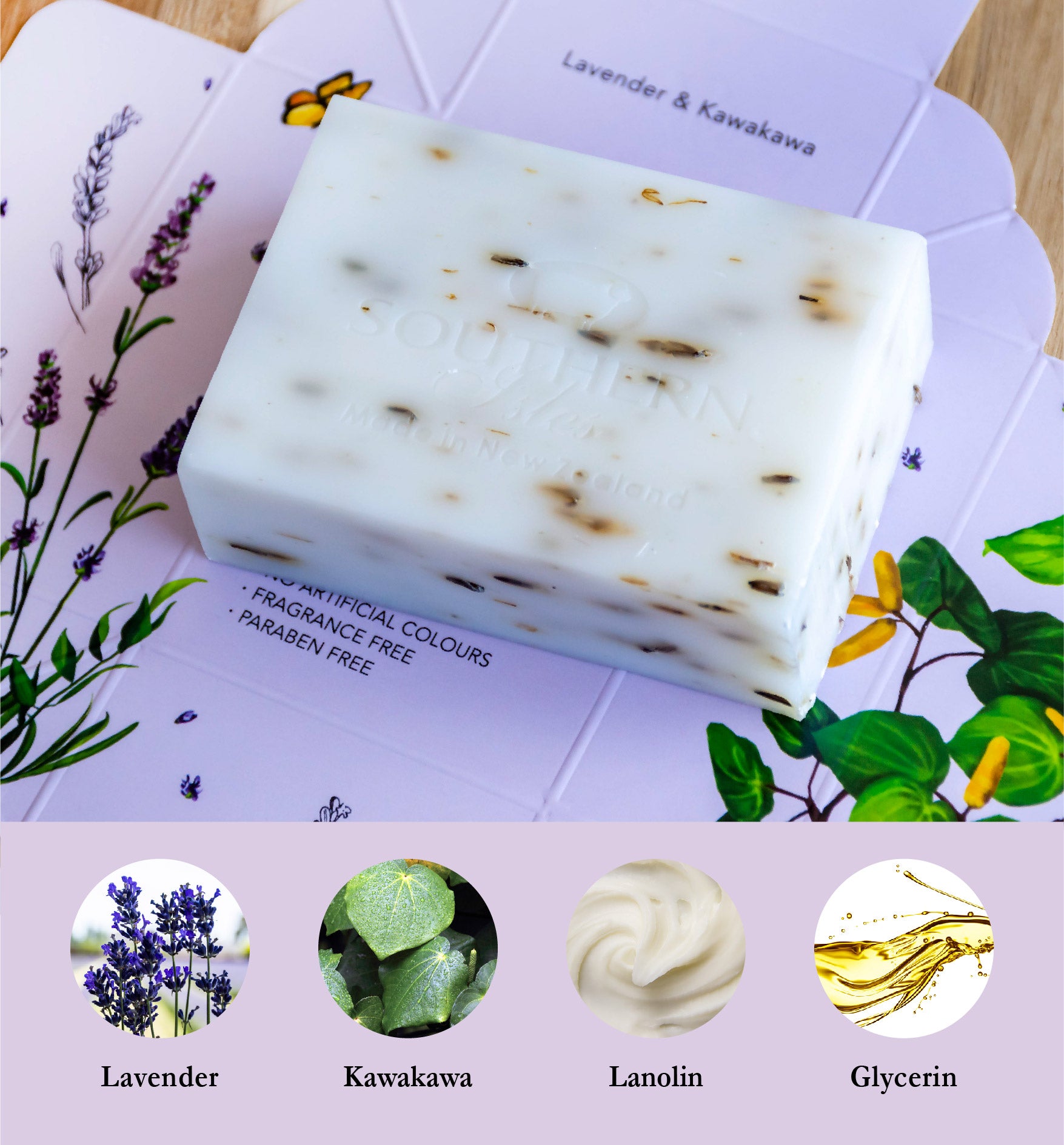 Product image of Lavender & Kawakawa Soap from KiwiCorp – herbal cleansing bar for sensitive skin.