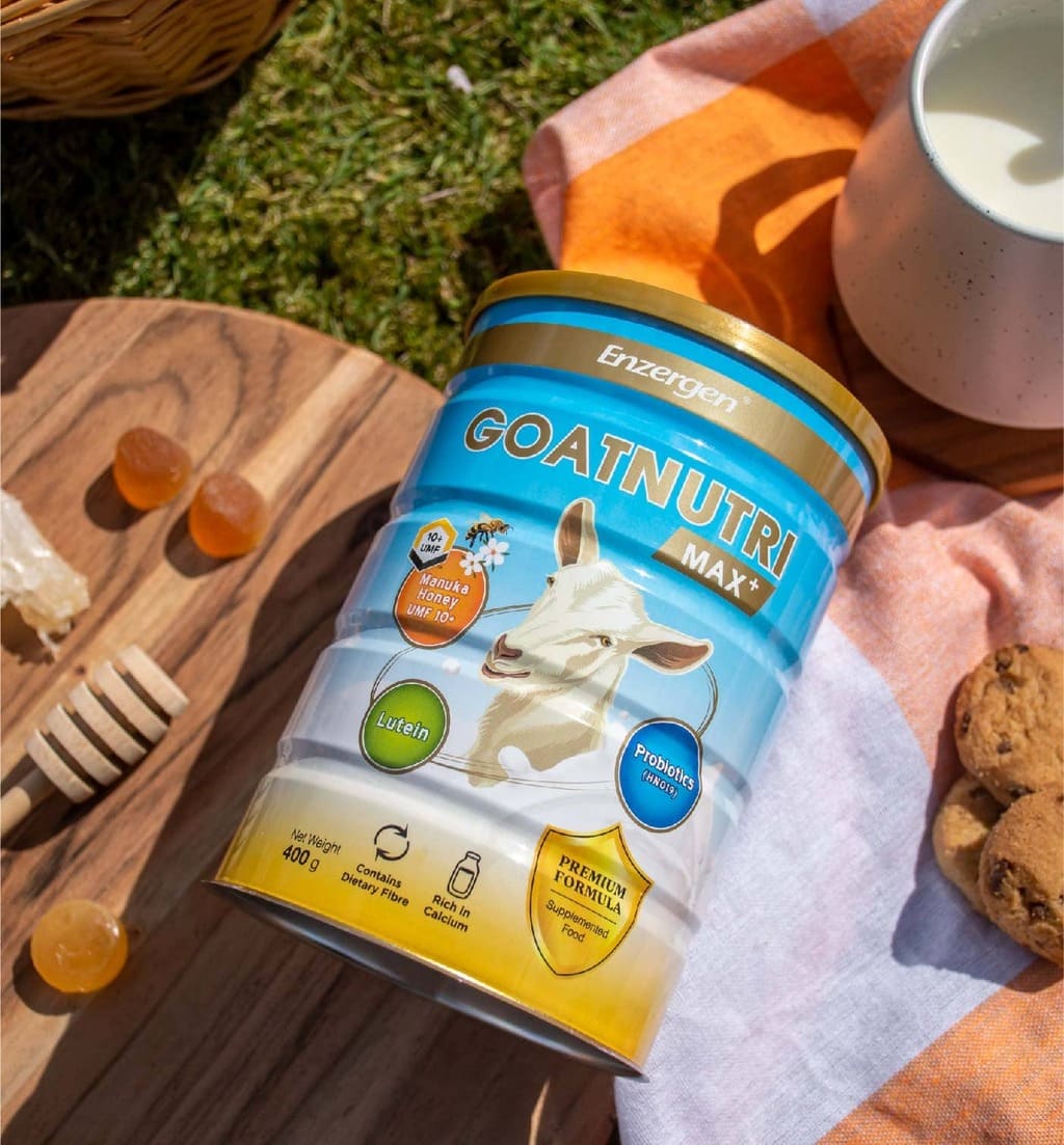 Product image of Goatnutri MAX+ Goat Milk Powder from KiwiCorp – enriched goat milk with Manuka Honey, Probiotics, and Lutein.